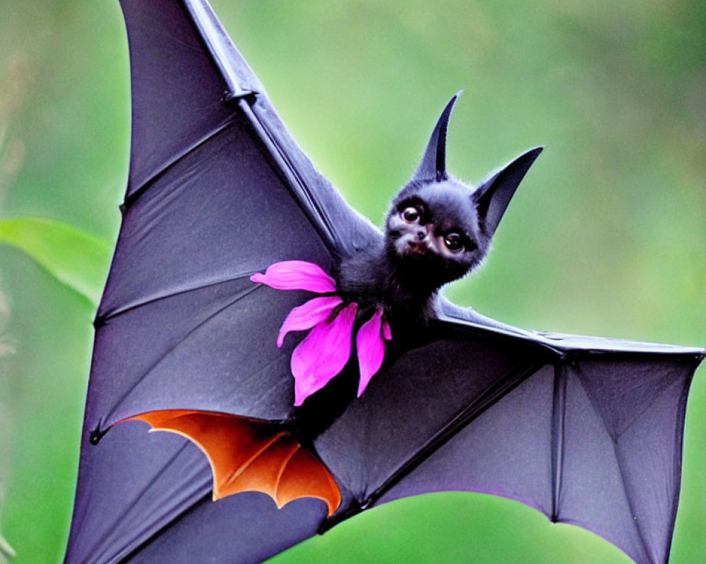 Bat in mid-flight with fully extended wings and pink flower petal in mouth against green background