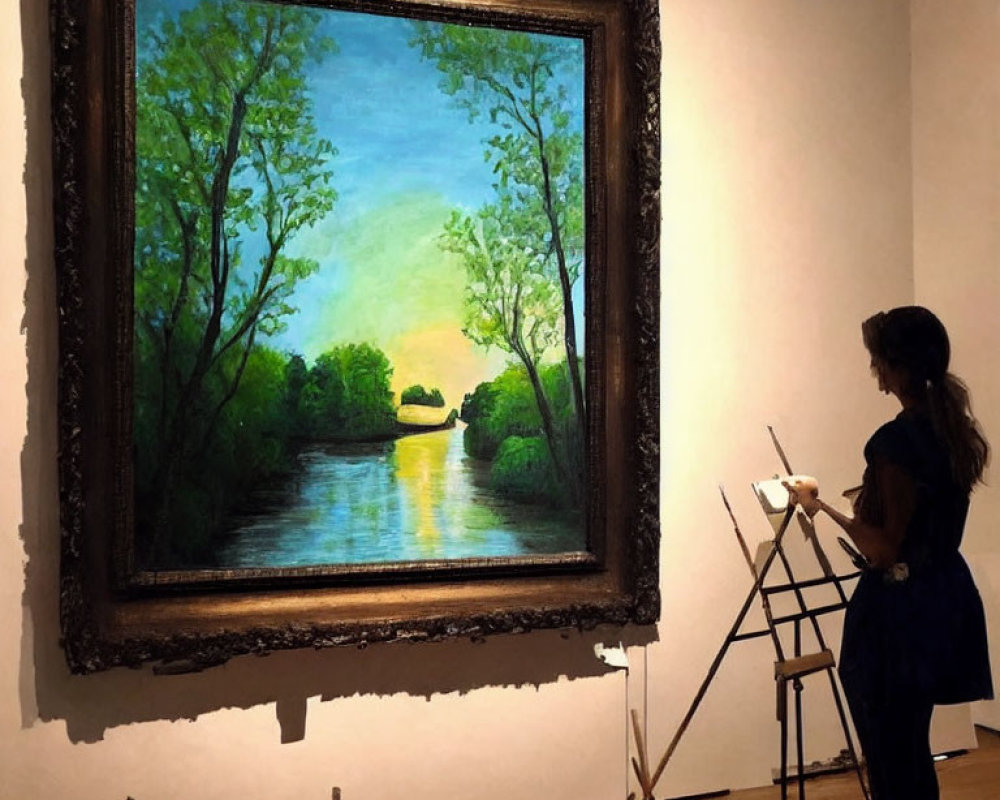 Woman admires framed painting of serene river landscape in art gallery