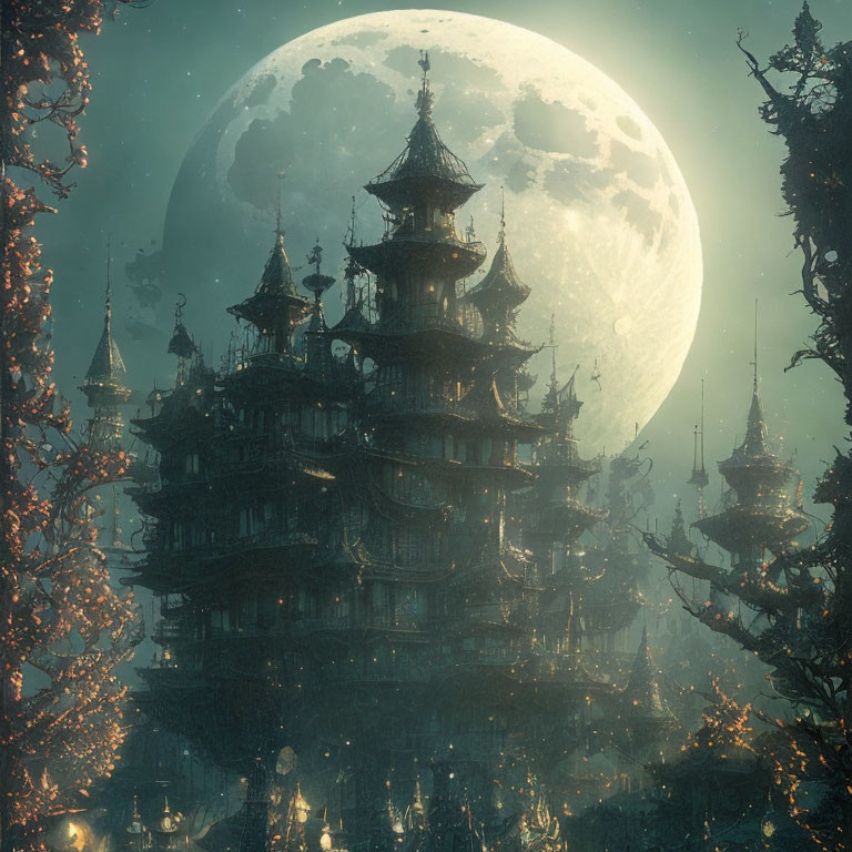 Ethereal multi-tiered pagoda under massive moon in mystical forest