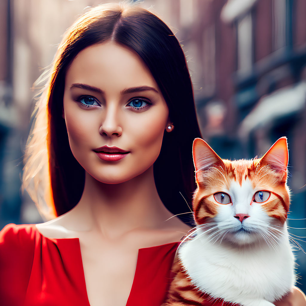 Woman holding ginger-white cat, both looking at camera