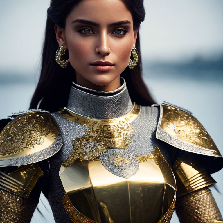 Woman in ornate medieval armor with gold detailing on soft-focus background