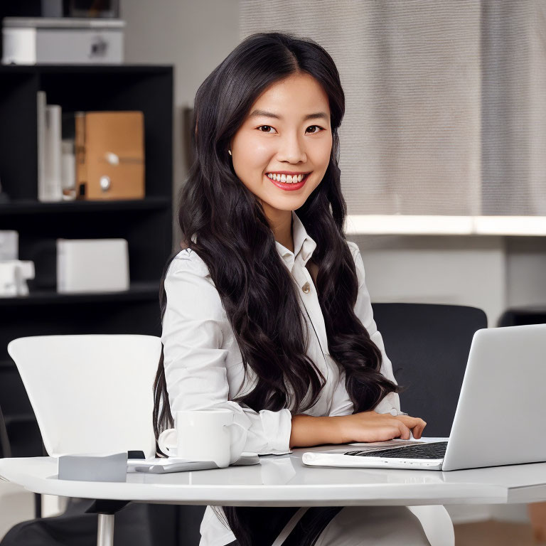 Professional woman with long dark hair smiles at desk with laptop in office setting