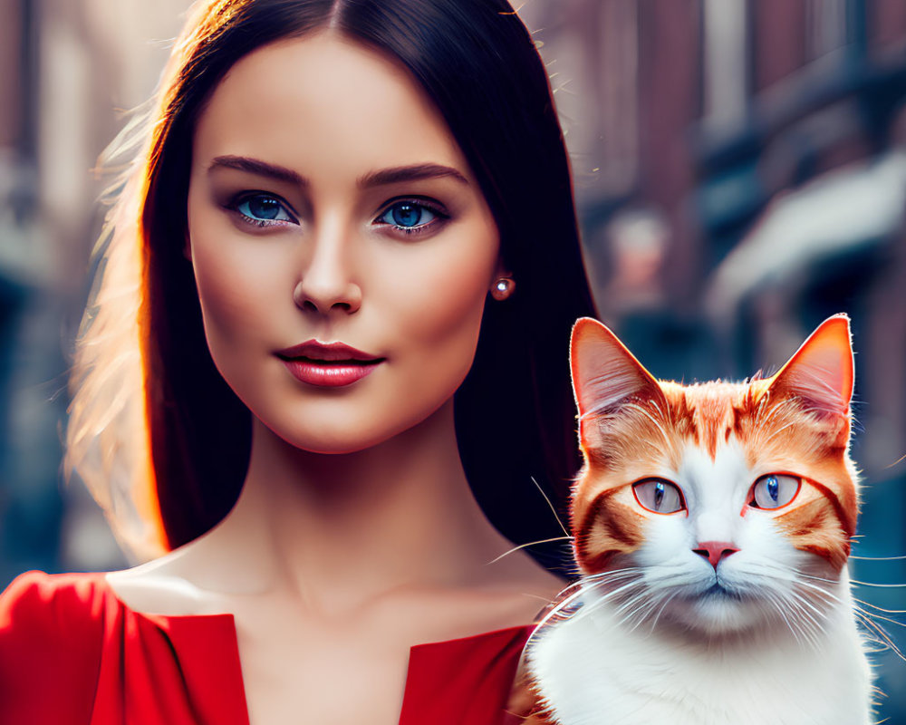 Woman holding ginger-white cat, both looking at camera