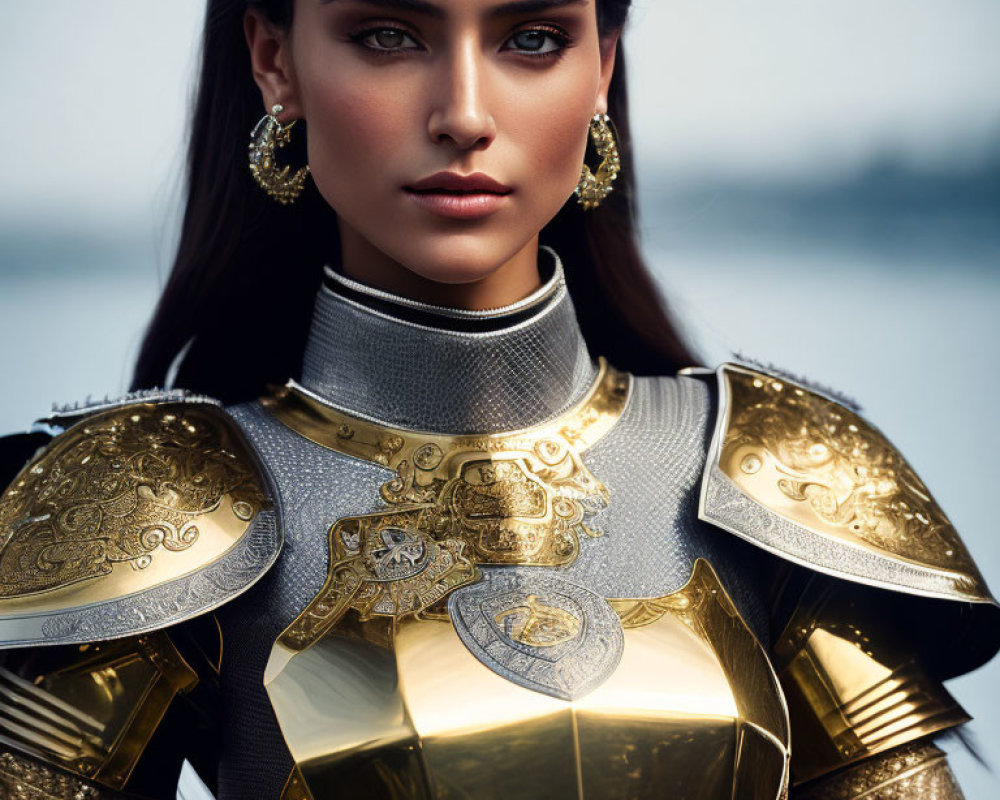 Woman in ornate medieval armor with gold detailing on soft-focus background