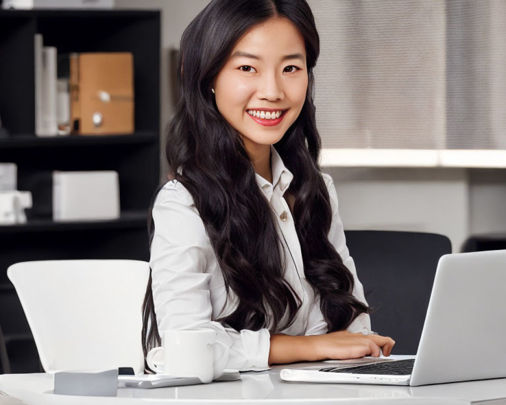 Professional woman with long dark hair smiles at desk with laptop in office setting