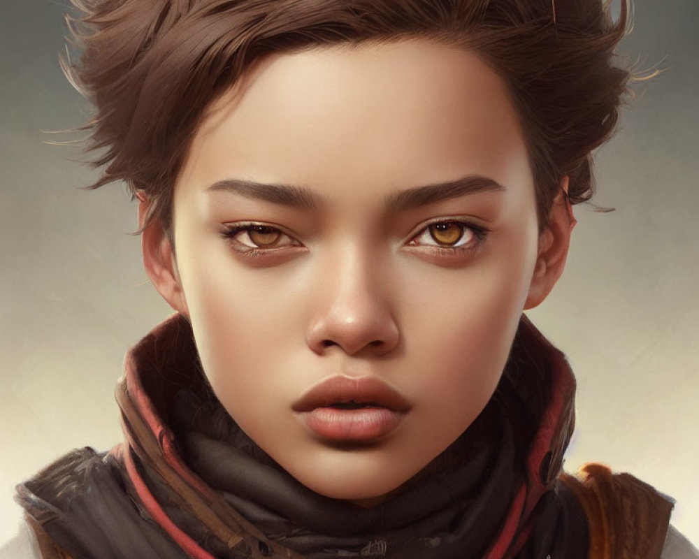 Realistic digital portrait with amber eyes, windswept hair, and scarf