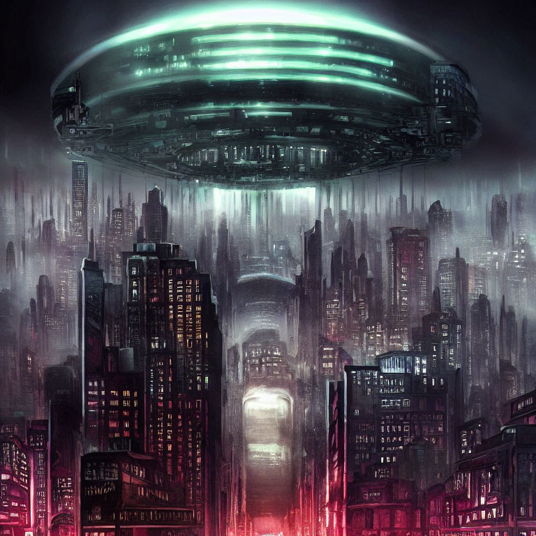 Futuristic UFO over neon cityscape in mist and rain