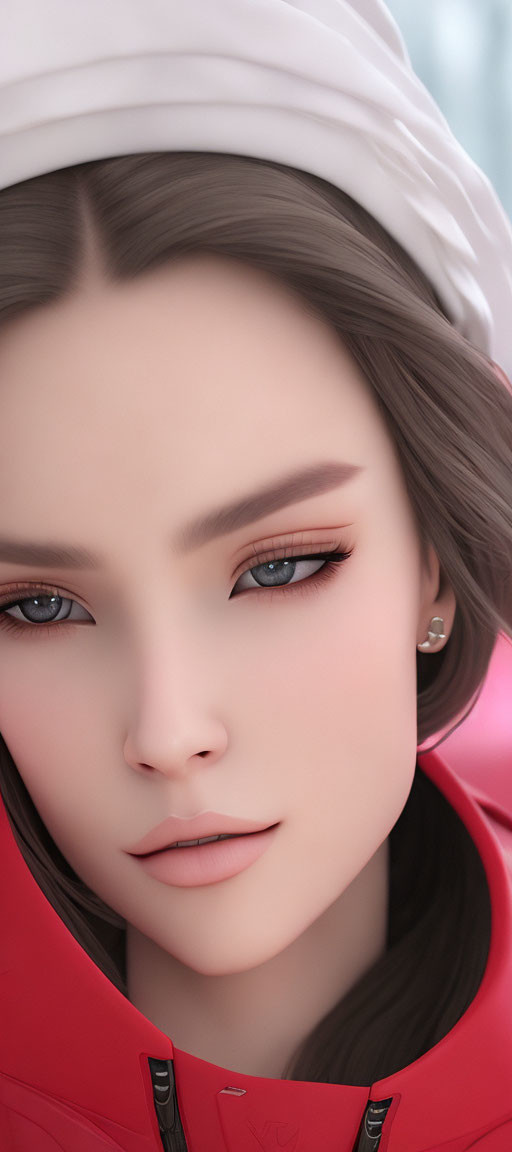 Female CGI character with brown eyes, white hat, red jacket, detailed facial features.