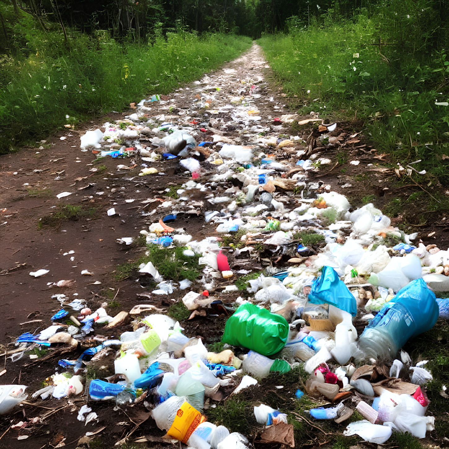 Forest dirt path littered with plastic bottles, bags, and wrappers