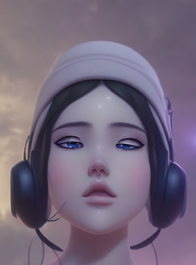 Digital illustration of person with blue eyes in white beanie and headphones against purple sky