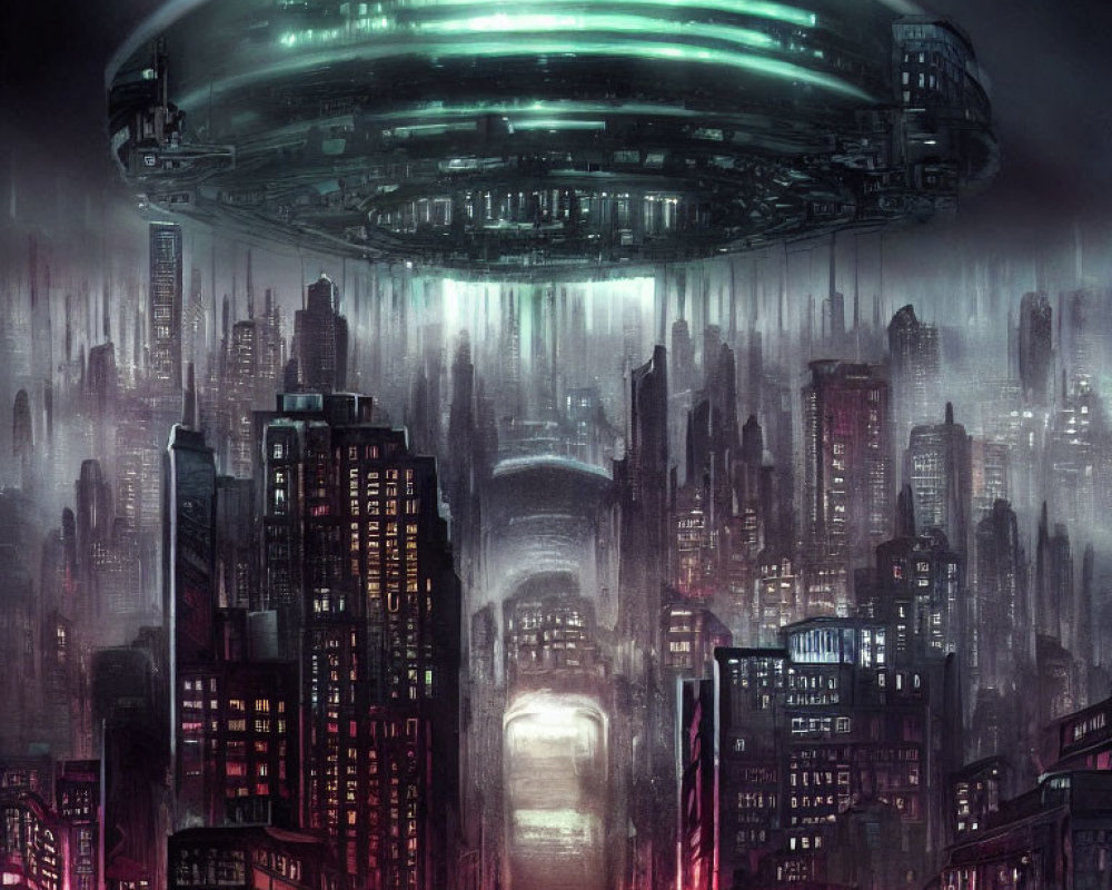 Futuristic UFO over neon cityscape in mist and rain