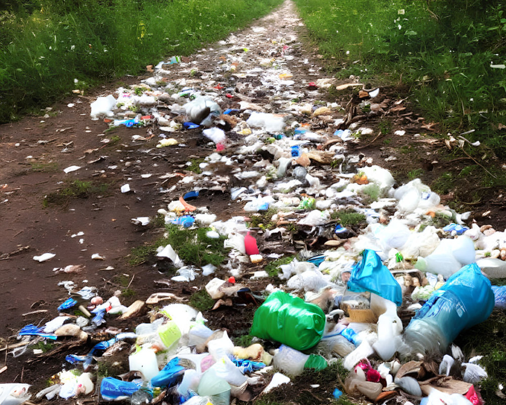 Forest dirt path littered with plastic bottles, bags, and wrappers