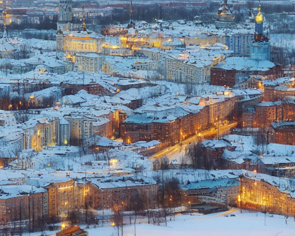 Snow-covered cityscape with illuminated buildings and golden cathedral domes at twilight