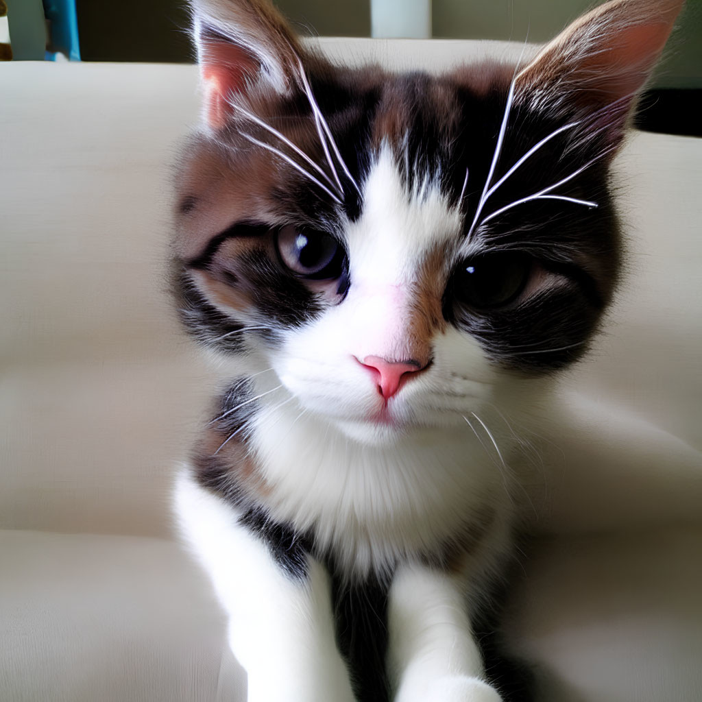 White and Brown Cat with Black Markings and Pink Nose Close-Up