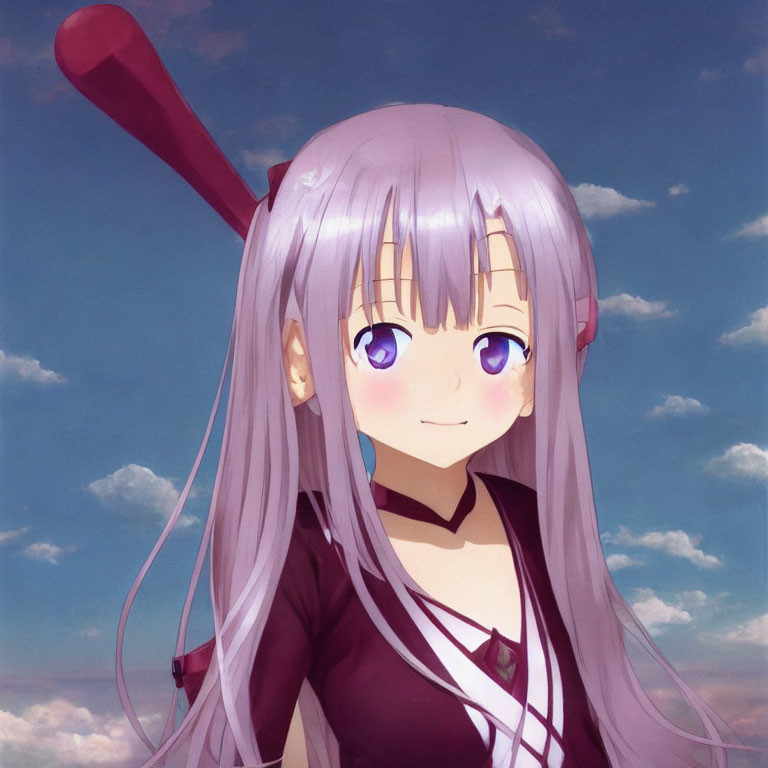 Purple-haired animated girl in dark dress smiles with red baseball bat, under cloudy sky