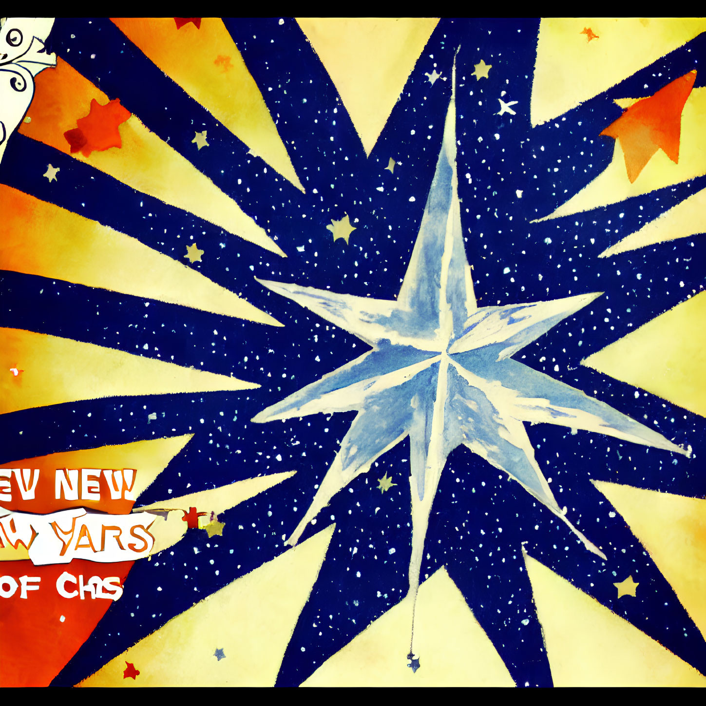 Stylized star illustration with yellow and blue rays and Happy New Years text