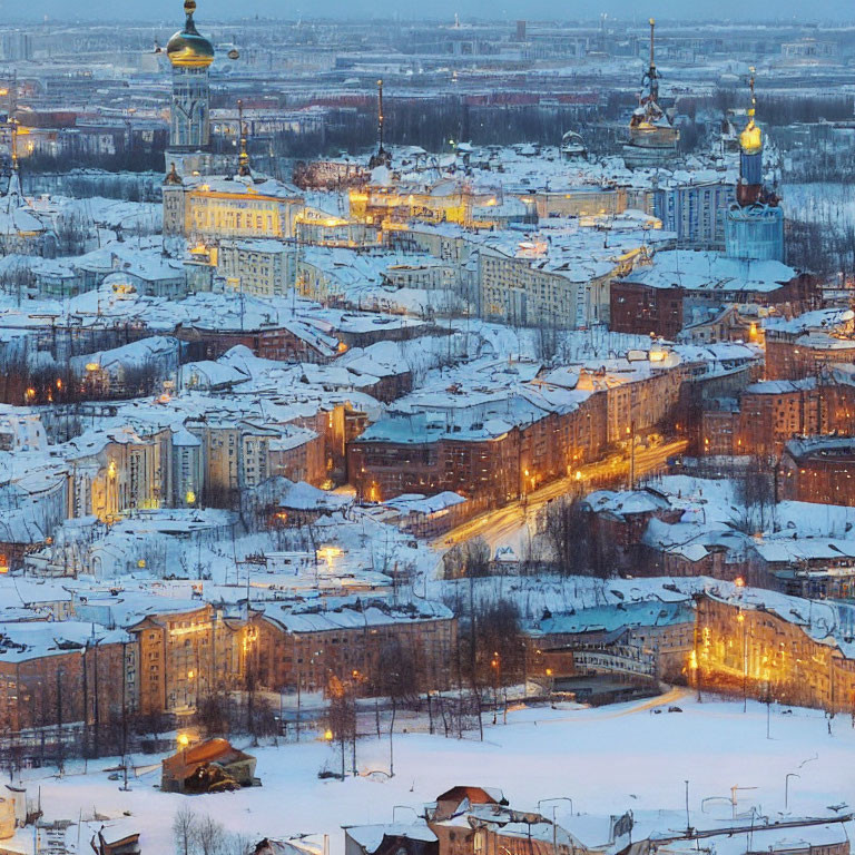 Snow-covered cityscape with illuminated buildings and golden cathedral domes at twilight