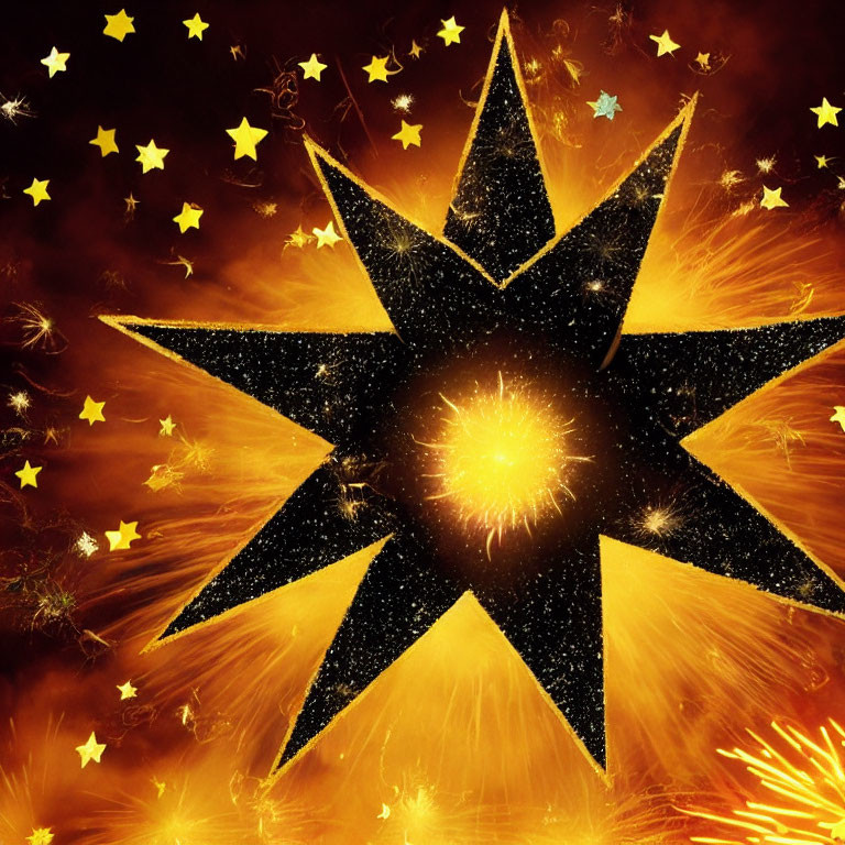 Sparkling Black Star with Golden Edges on Fiery Orange Background