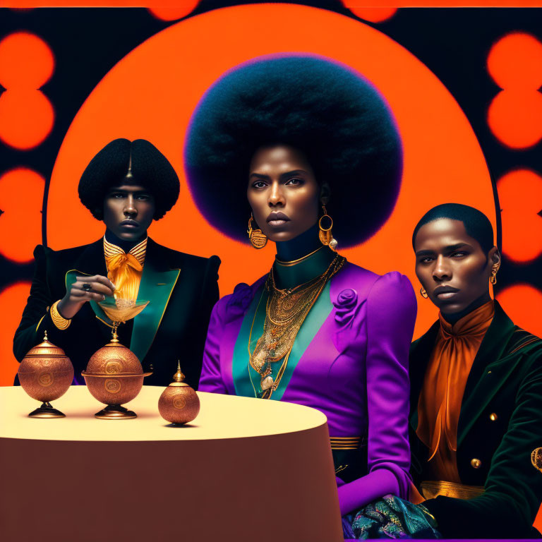 Stylized afro hairstyles in purple and green outfits against orange backdrop