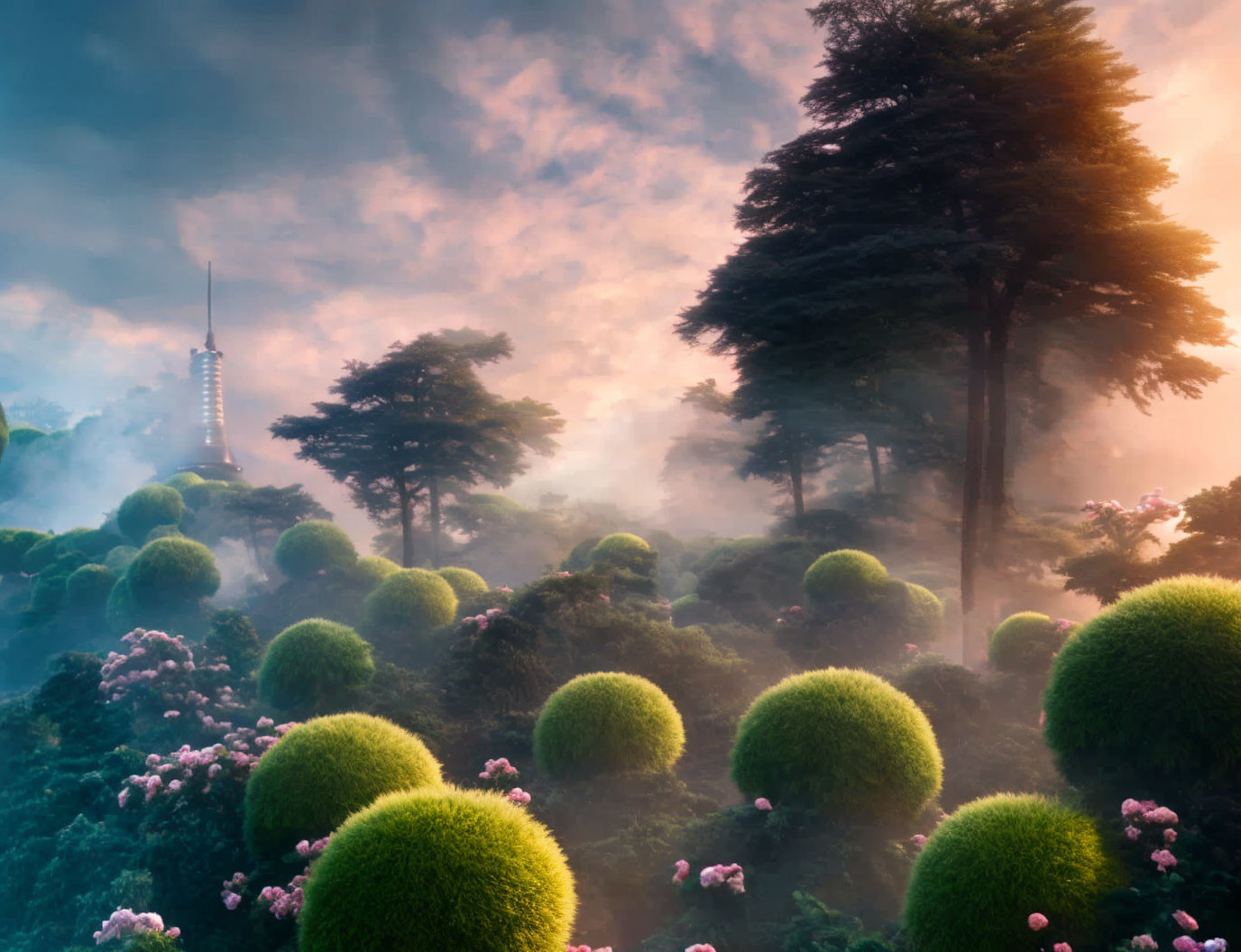 Tranquil landscape with mossy shrubs, flowering bushes, towering trees, pastel sky,