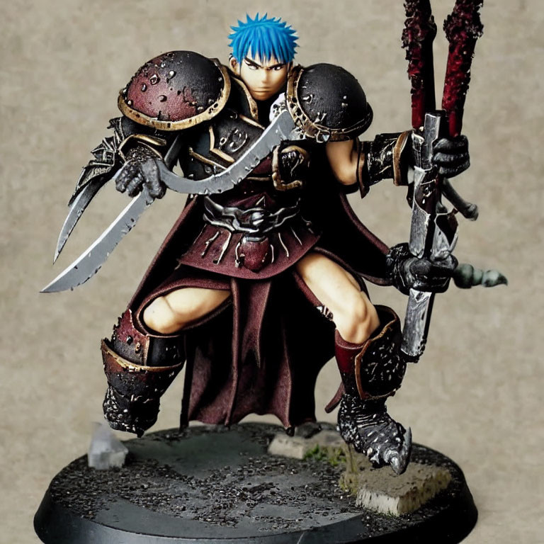 Blue-Haired Warrior Miniature Figure with Dual Swords and Armor