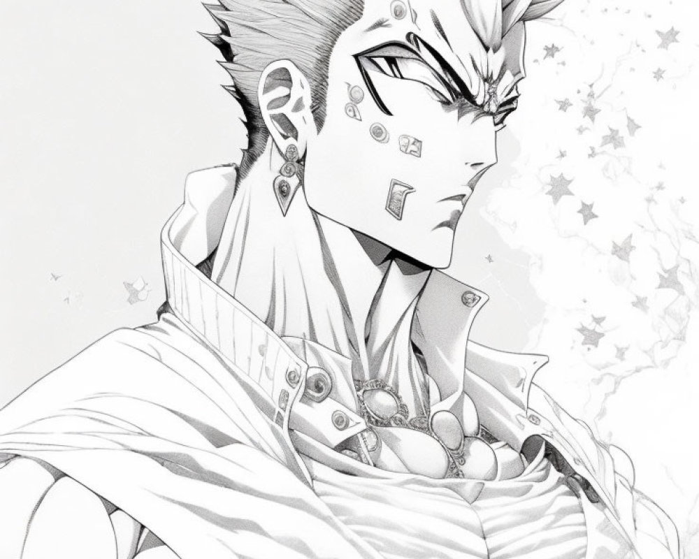 Monochrome anime character with spiky hair, multiple earrings, serious expression, and high-coll