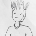 Monochrome anime character with spiky hair, multiple earrings, serious expression, and high-coll