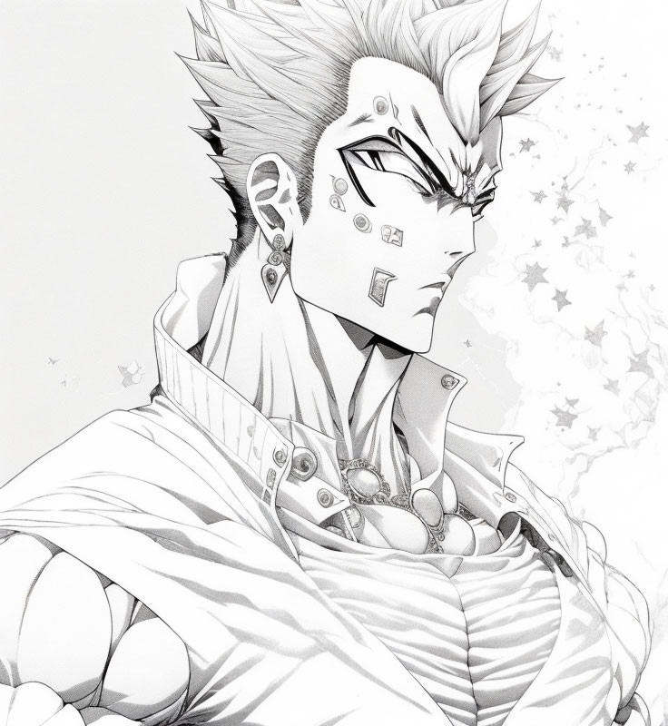 Monochrome anime character with spiky hair, multiple earrings, serious expression, and high-coll