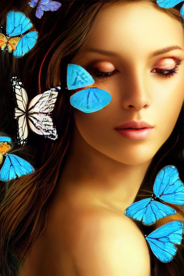 Colorful butterflies adorn woman's hair and shoulder, showcasing serene expression and striking makeup.