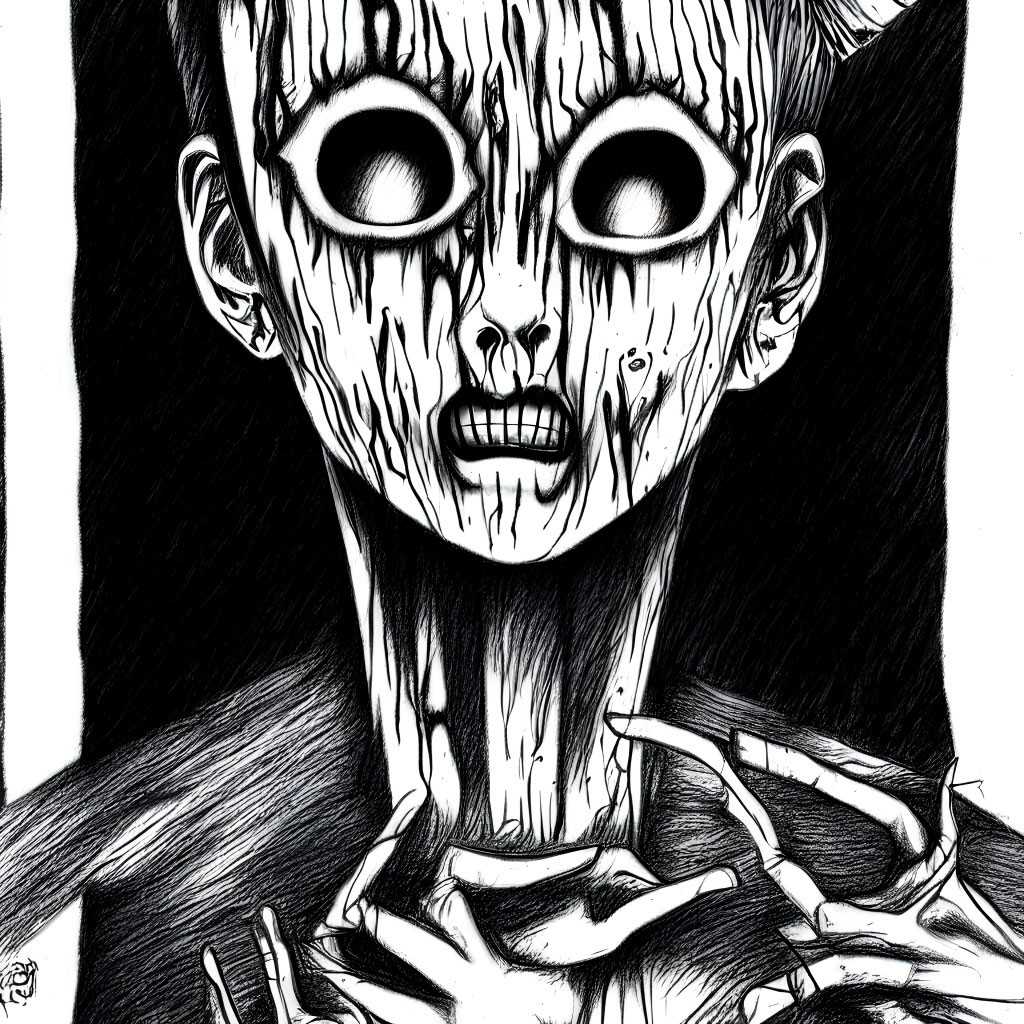 Spooky monochrome illustration of gaunt figure with hollow eyes