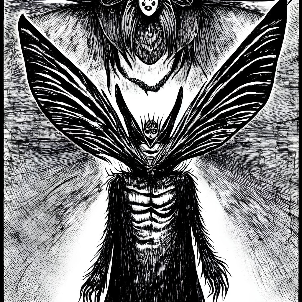 Detailed Monochrome Sketch of Surreal Moth-Like Creature