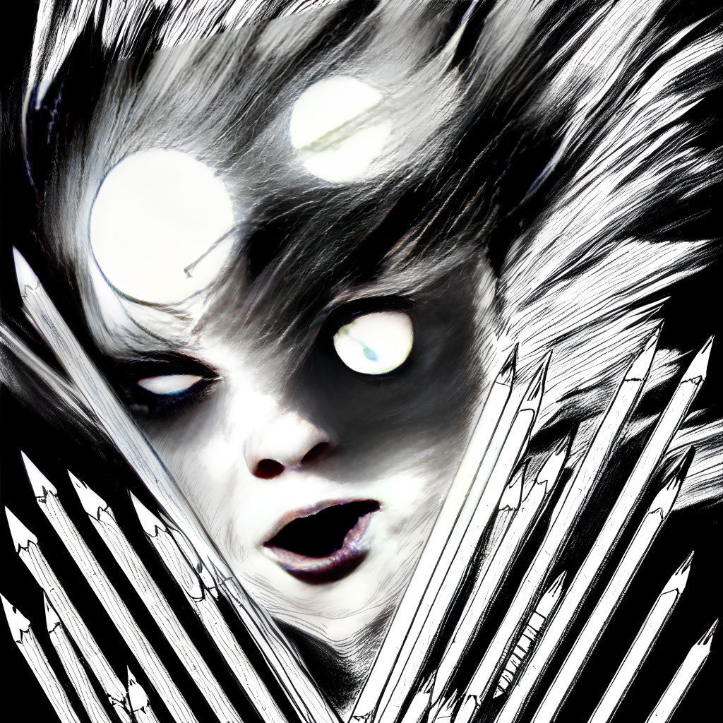 High-contrast face with glowing eyes and mouth amidst dynamic streaking lines