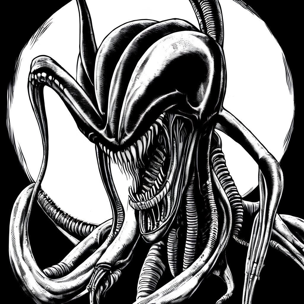 Monochrome illustration of intimidating alien with elongated skull & tentacles