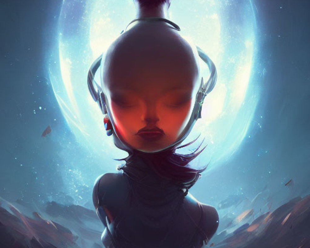 Stylized illustration of character with oversized head and bun against glowing circular backdrop