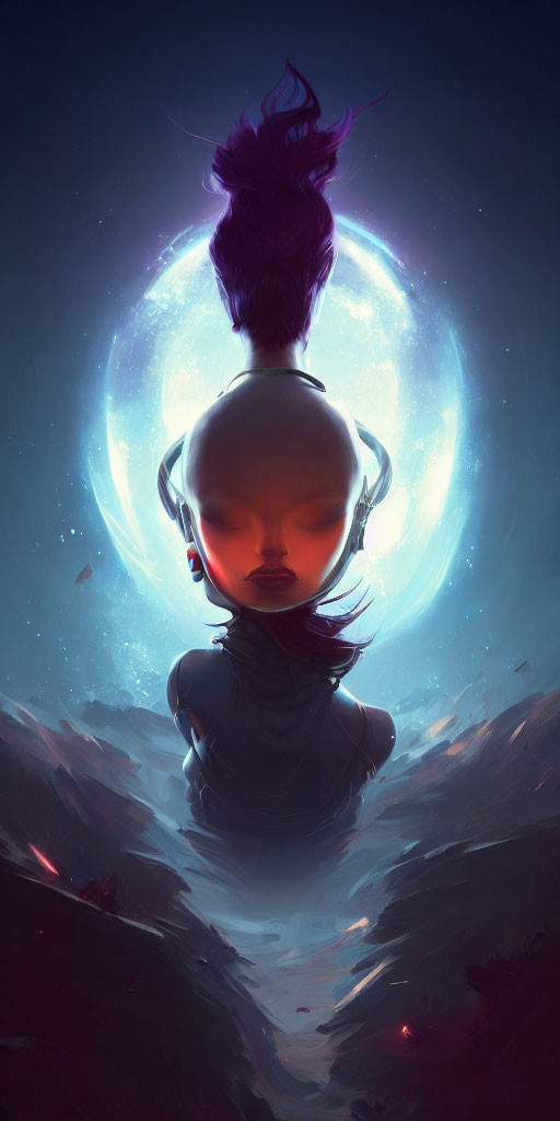 Stylized illustration of character with oversized head and bun against glowing circular backdrop