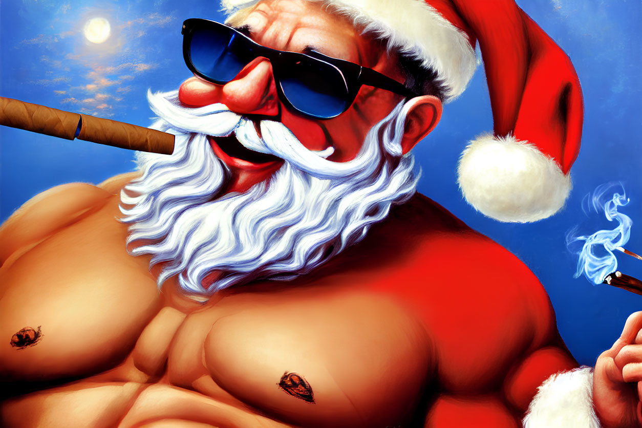 Muscular Santa Claus illustration with sunglasses and cigar on blue sky backdrop