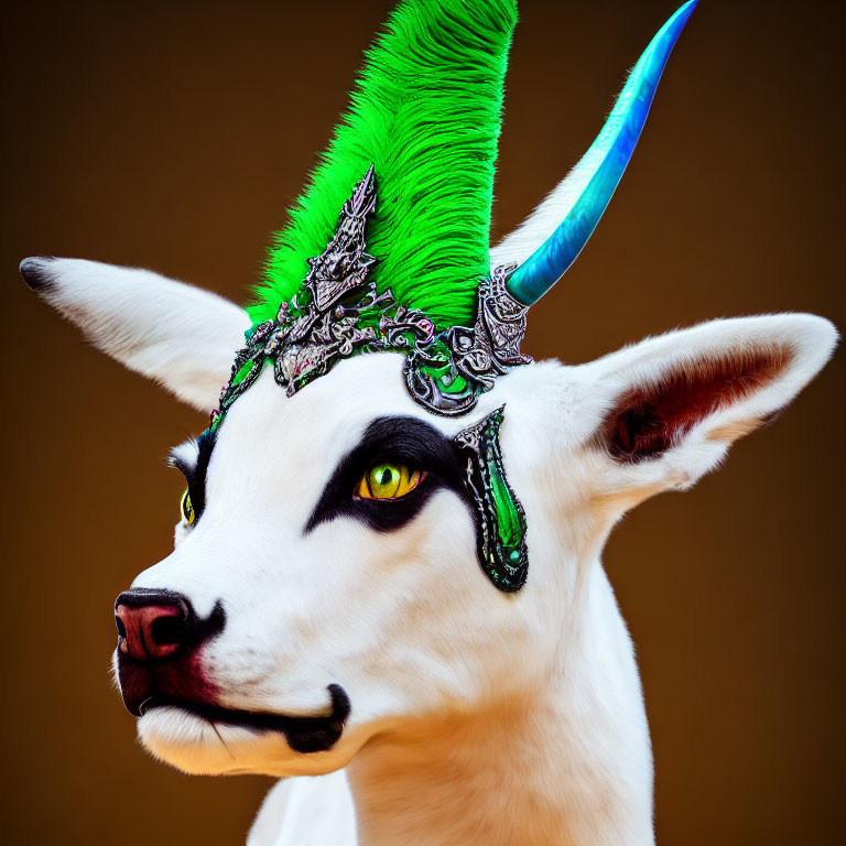 Fantastical white goat portrait with artistic makeup and costume