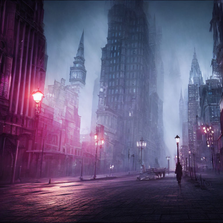 Gothic cityscape at dusk with fog, tall buildings, cobblestone streets, warm street