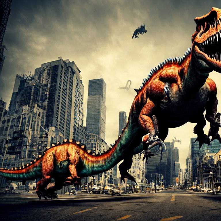 Giant dinosaurs in urban setting with destruction and chaos