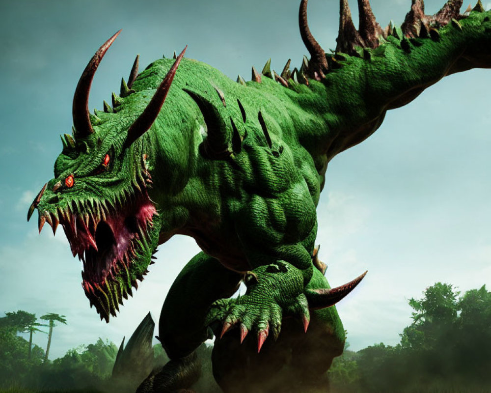 Majestic green dragon with glowing red eyes in lush landscape