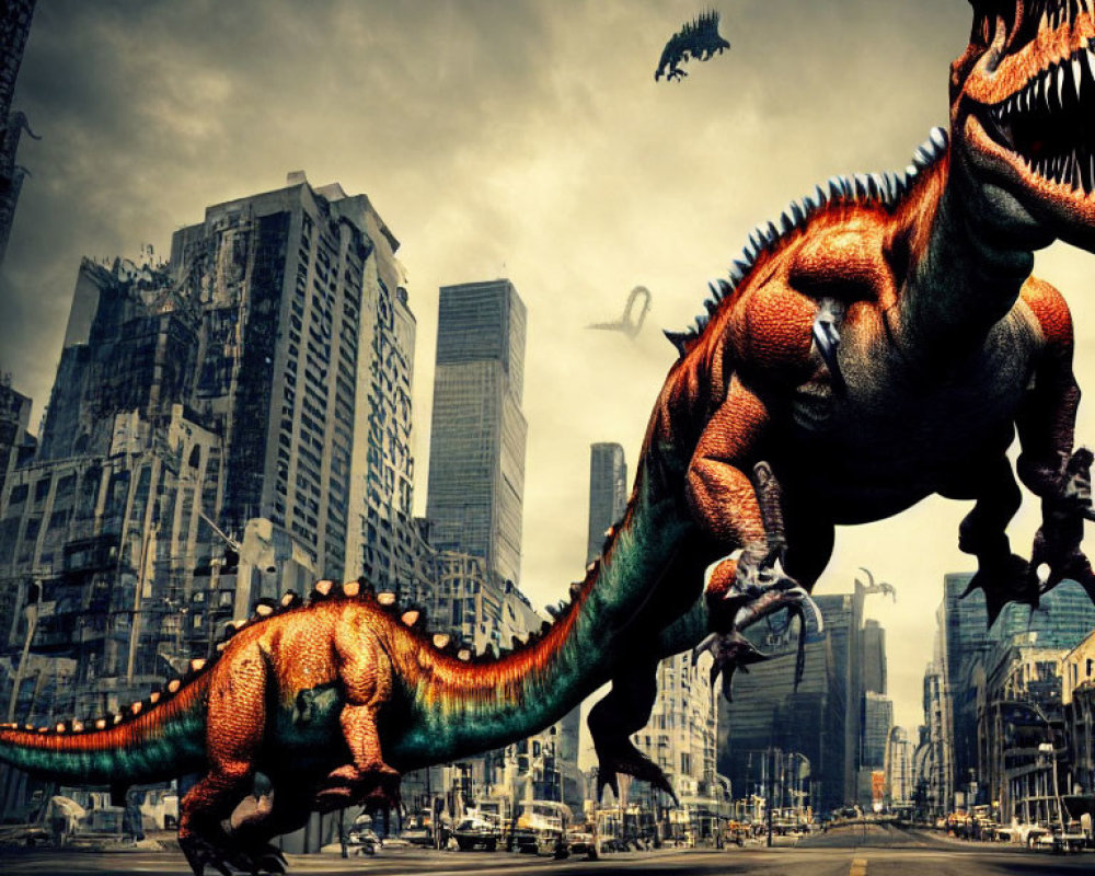 Giant dinosaurs in urban setting with destruction and chaos