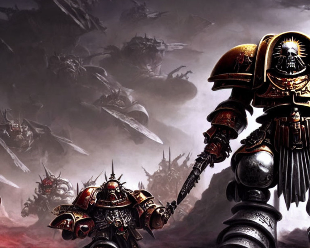 Power-armored space marine on battlefield with dark skies and fellow warriors.