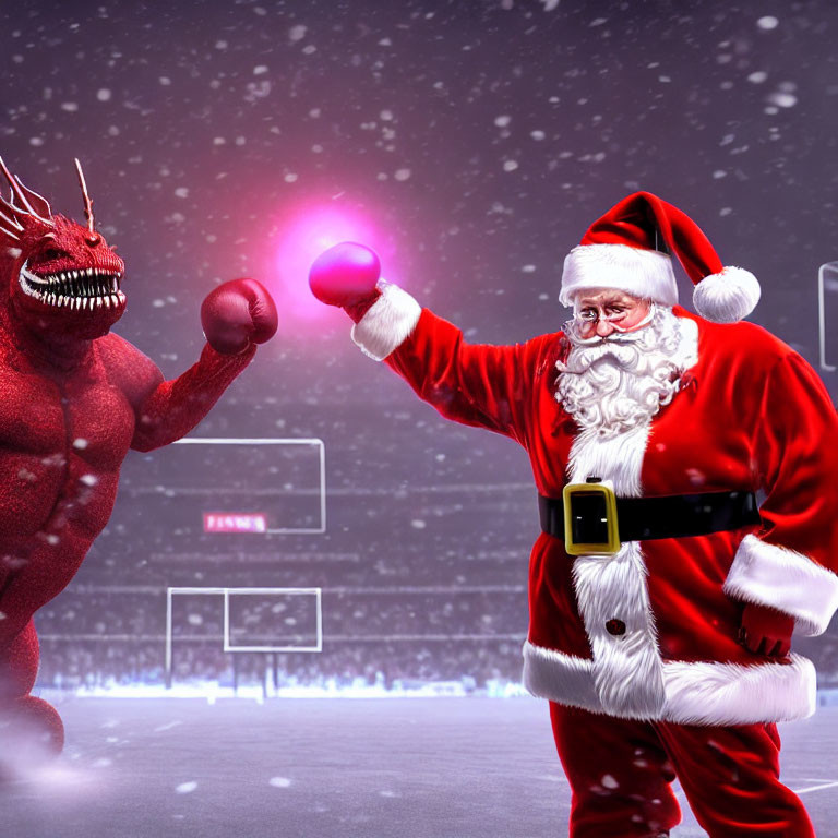 Santa Claus in red suit poses with fist up against red dragon in snowy stadium.