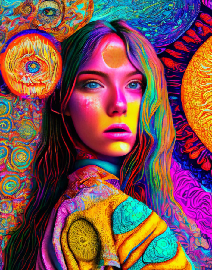 Colorful Psychedelic Patterns Surrounding Woman Portrait