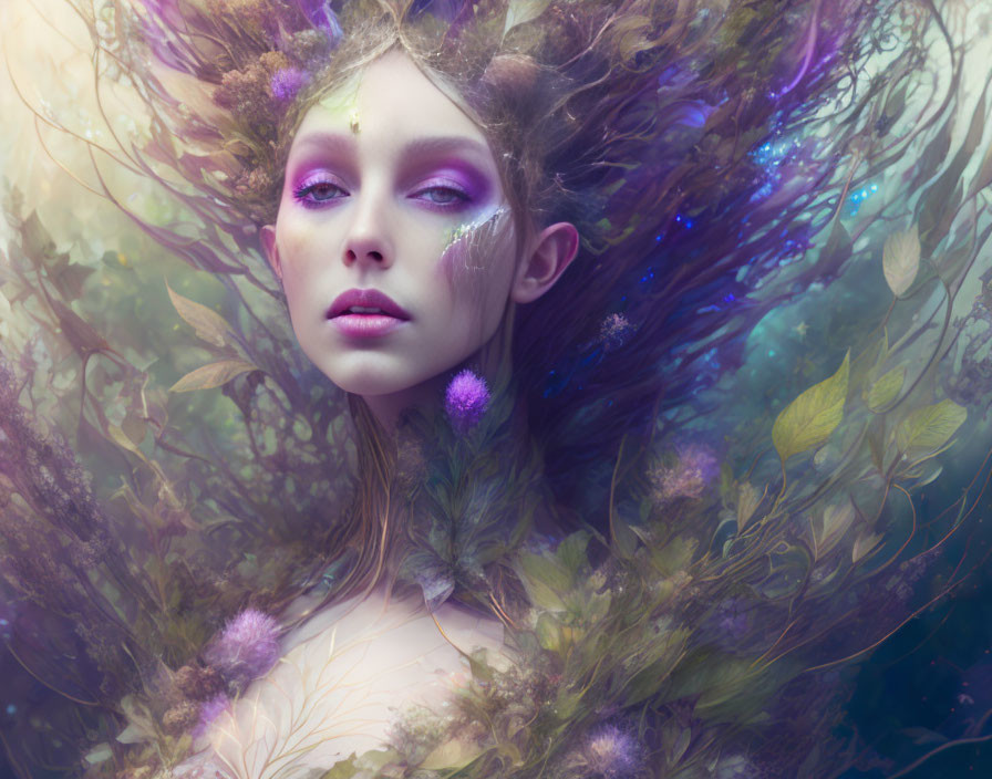 Ethereal makeup woman in mystical nature setting