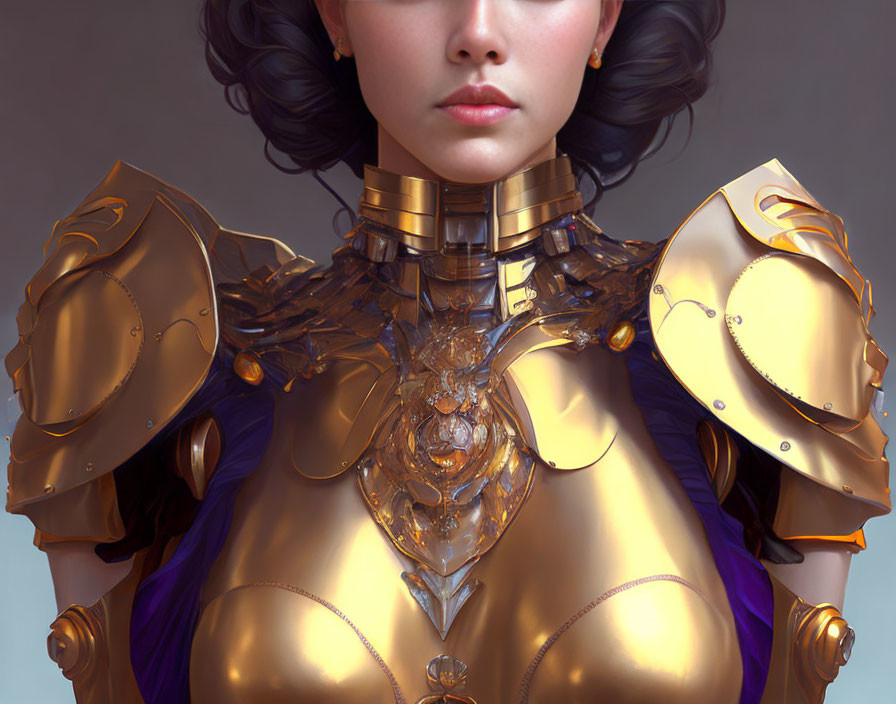 Woman in ornate golden armor with purple accents on neutral background