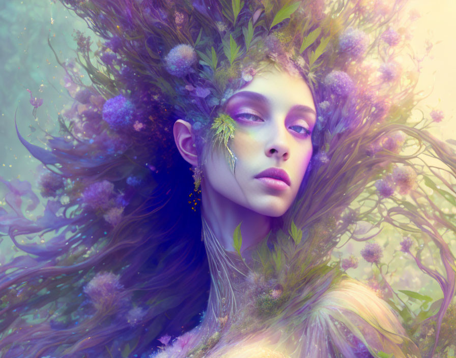 Surreal portrait of a woman with lush flora and ethereal hues