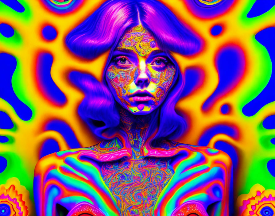 Colorful Psychedelic Portrait Against Vibrant Abstract Background