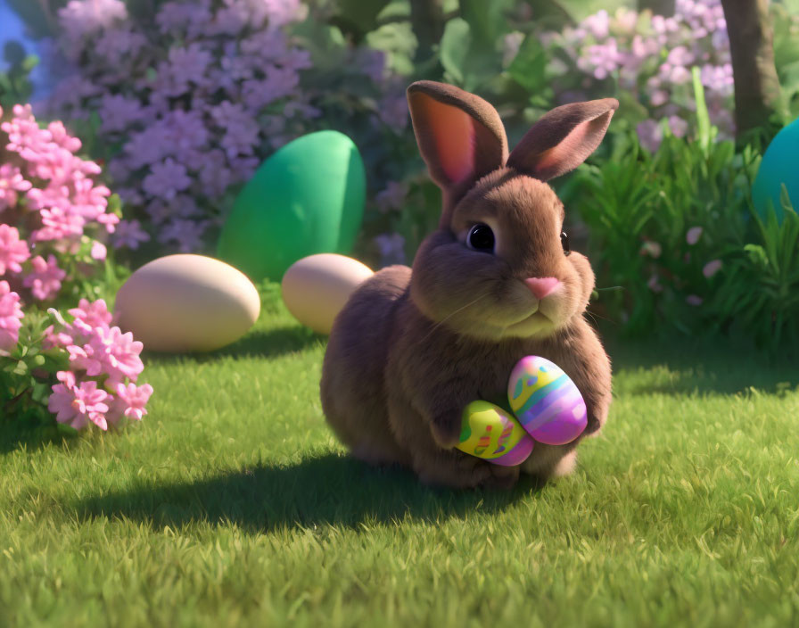 Animated bunny with Easter eggs in colorful garden