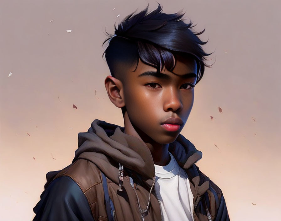 Digital artwork: Young person with stylish swept-up hair in hoodie and jacket, focused expression, surrounded by